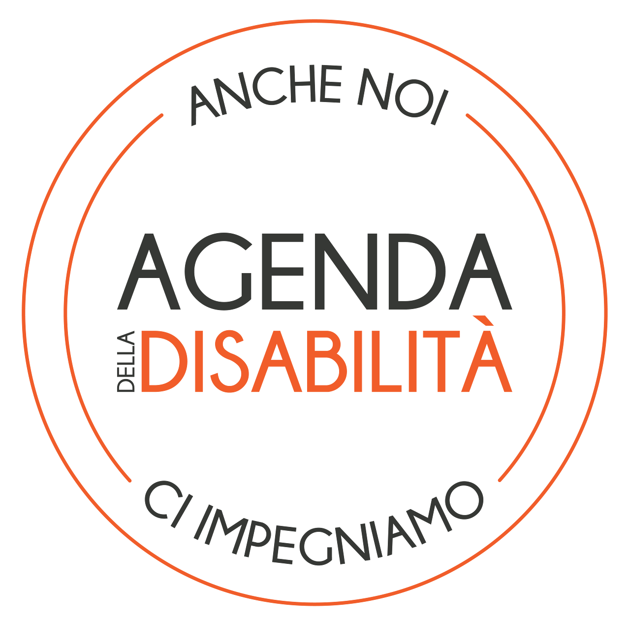 Il logo dell’Agenda della Disabilità: un cerchio arancione con le scritte «Anche noi» e «Ci impegniamo».
