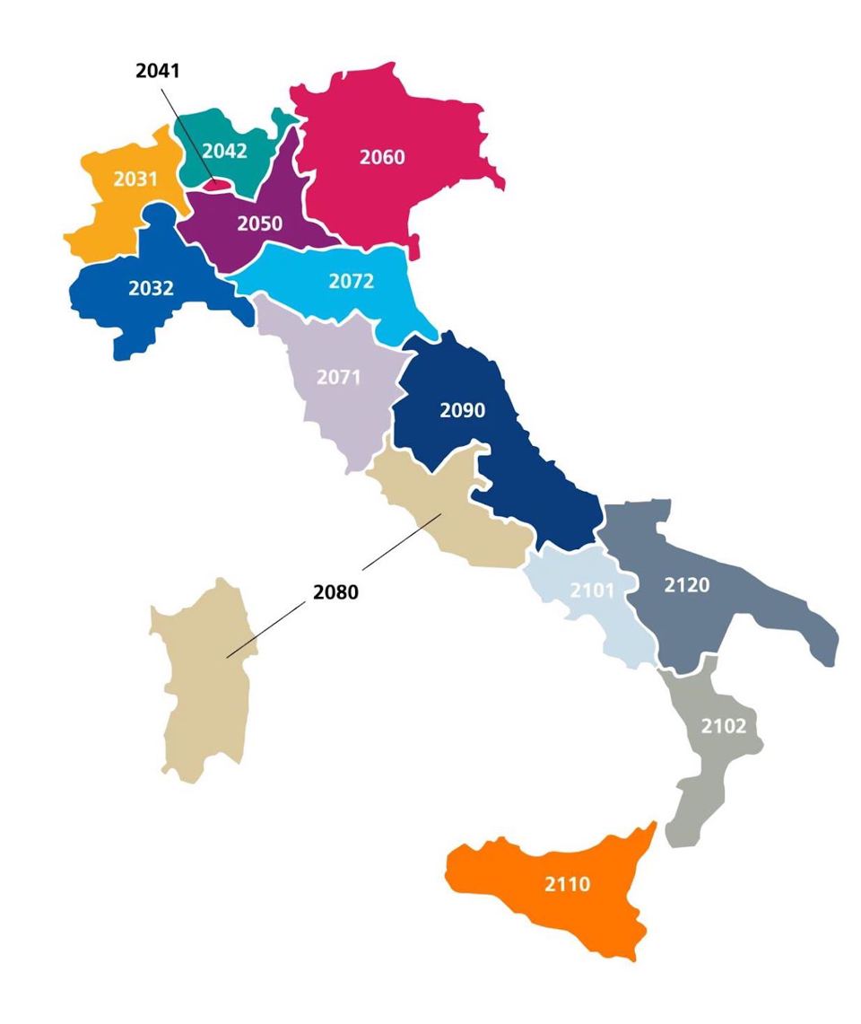 Mappa dell’Italia divisa nei 14 Distretti Rotaract, ciascuno di un colore diverso e con il proprio numero, dal 2031 al 2120