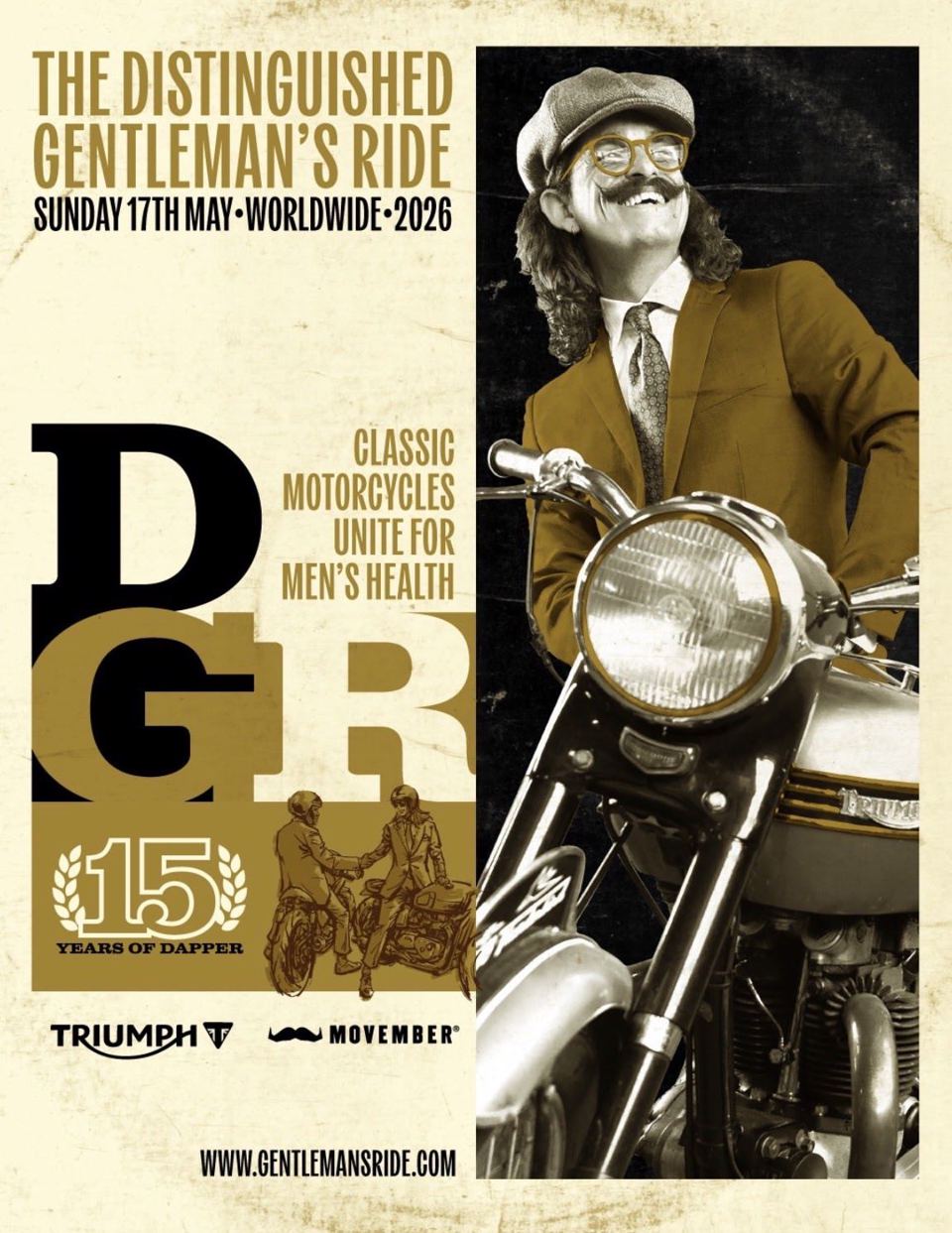 Locandina di The Distinguished Gentleman’s Ride 2026: un gentiluomo con baffi, coppola e giacca di tweed in sella a una moto d’epoca, accanto alle grandi lettere DGR.