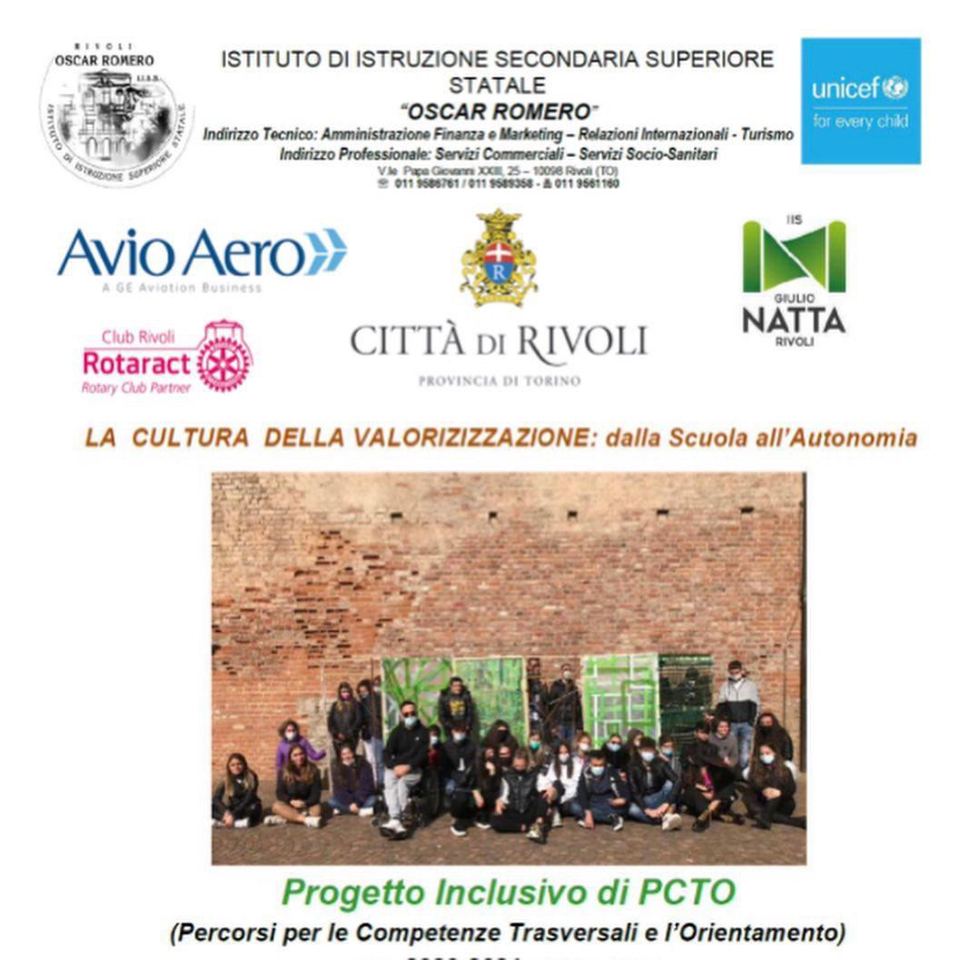La locandina del Progetto inclusivo di PCTO, con i loghi dell’Istituto Oscar Romero, di Unicef, Avio Aero, Città di Rivoli, Rotaract Club Rivoli e IIS Giulio Natta.